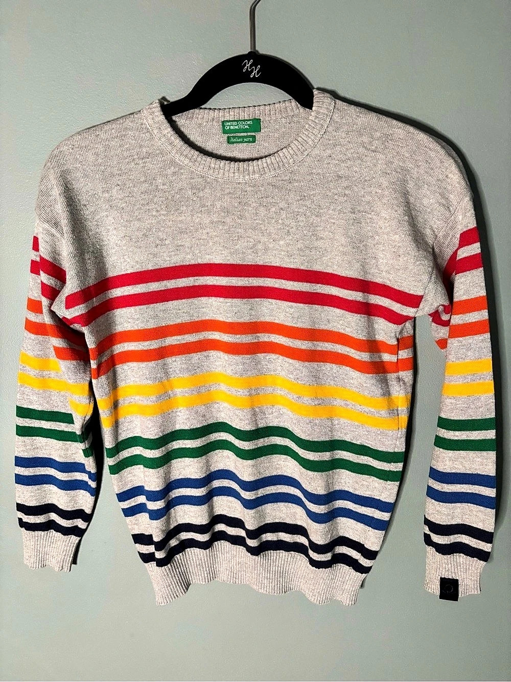 United Colors of Benetton Color Block Striped Crewneck Sweater in Gray & Red